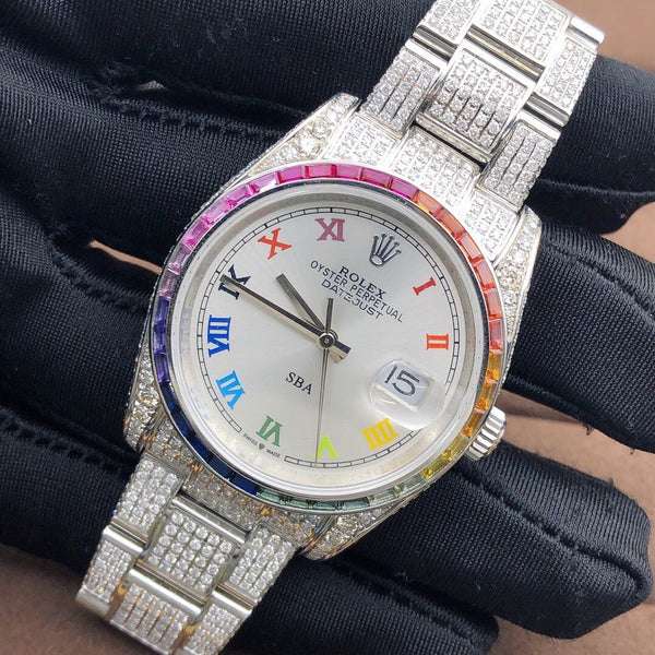 Rolex Datejust White Dial VVS Diamond Iced Out Men Watch, 41mm Dial White Gold Plated Stainless Steel Men Watch For Gift, Fully Iced Out Birthday Gift Watch For Him