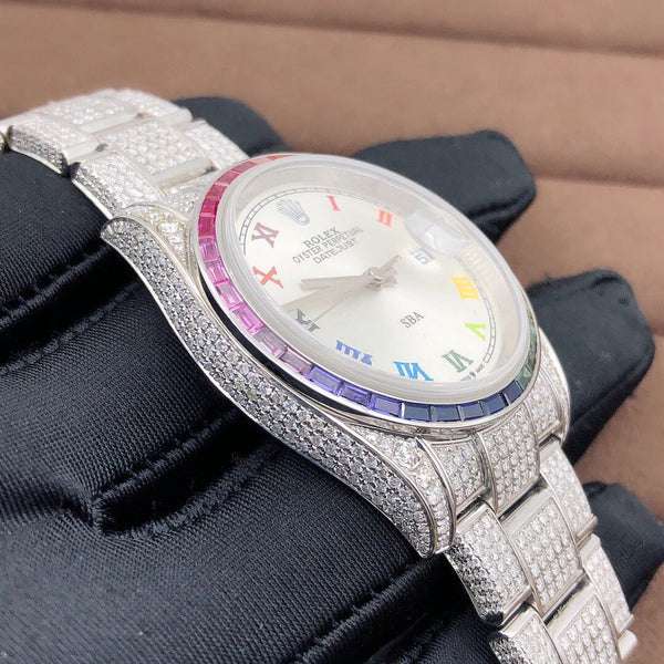 Rolex Datejust White Dial VVS Diamond Iced Out Men Watch, 41mm Dial White Gold Plated Stainless Steel Men Watch For Gift, Fully Iced Out Birthday Gift Watch For Him