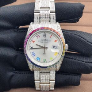 Rolex Datejust White Dial VVS Diamond Iced Out Men Watch, 41mm Dial White Gold Plated Stainless Steel Men Watch For Gift, Fully Iced Out Birthday Gift Watch For Him