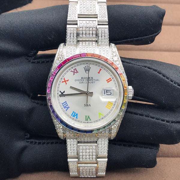 Rolex Datejust White Dial VVS Diamond Iced Out Men Watch, 41mm Dial White Gold Plated Stainless Steel Men Watch For Gift, Fully Iced Out Birthday Gift Watch For Him