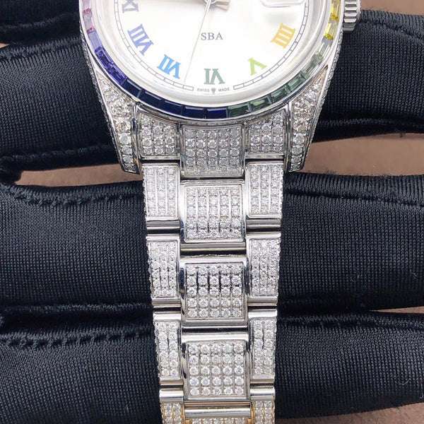 Rolex Datejust White Dial VVS Diamond Iced Out Men Watch, 41mm Dial White Gold Plated Stainless Steel Men Watch For Gift, Fully Iced Out Birthday Gift Watch For Him