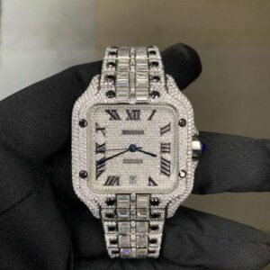 Cartier Santos Round & Baguette VVS Iced Out Diamond Men Watch, Stainless Steel White Gold Plated Men Watch For Birthday Gift