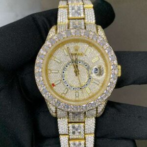 Rolex Sky Dweller Baguette & Round Iced Out VVS Diamond Men Watch, 42mm Dial Yellow Gold Plated Stainless Steel Men Watch For Gift, Fully Iced Out Birthday Gift Watch For Him