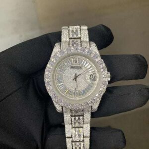 Rolex Datejust Full Iced Out VVS Diamond Watch, Baguette And Round VVS Diamond Wrist Watch For Men, White Plated Men Diamond Watch