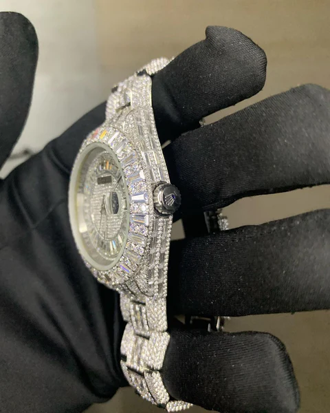 Rolex Datejust Full Iced Out VVS Diamond Watch, Baguette And Round VVS Diamond Wrist Watch For Men, White Plated Men Diamond Watch