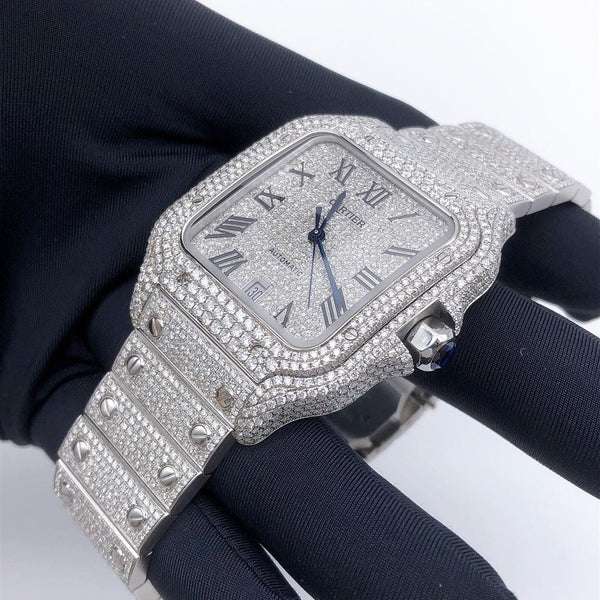 Cartier Santos VVS Diamond Men Watch, Stainless Steel White Gold Plated Men Watch For Birthday Gift