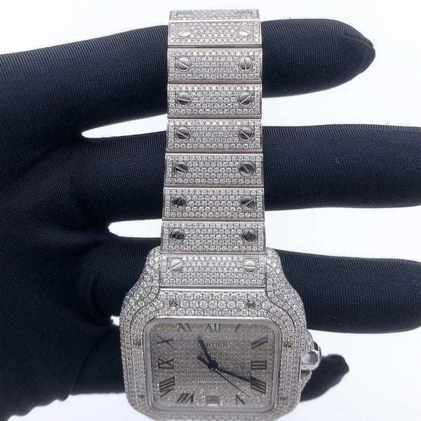 Cartier Santos VVS Diamond Men Watch, Stainless Steel White Gold Plated Men Watch For Birthday Gift