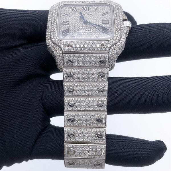 Cartier Santos VVS Diamond Men Watch, Stainless Steel White Gold Plated Men Watch For Birthday Gift