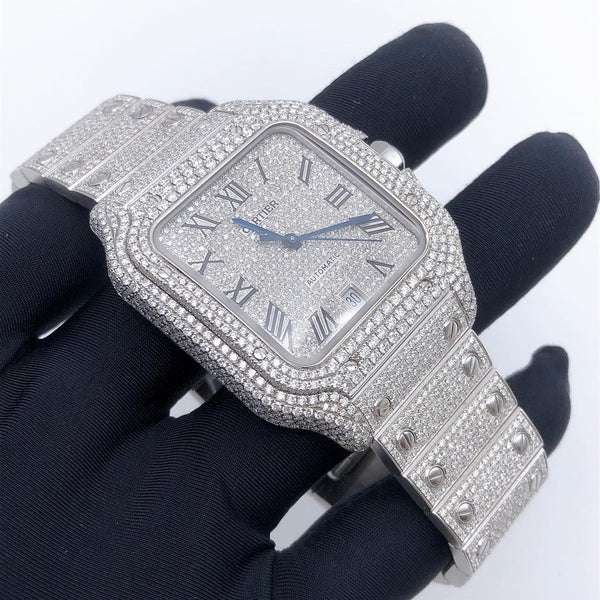 Cartier Santos VVS Diamond Men Watch, Stainless Steel White Gold Plated Men Watch For Birthday Gift