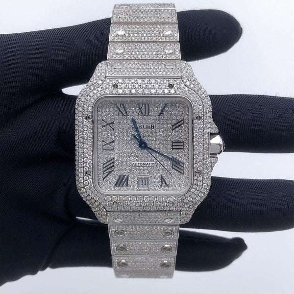 Cartier Santos VVS Diamond Men Watch, Stainless Steel White Gold Plated Men Watch For Birthday Gift