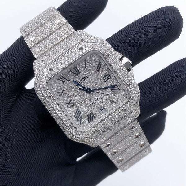 Cartier Santos VVS Diamond Men Watch, Stainless Steel White Gold Plated Men Watch For Birthday Gift