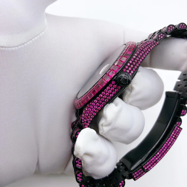 Rolex President Red Baguette Sapphire Diamond Men Automatic Watch, White Gold Plated Men Watch For Birthday Gift, Color Gemstone Watch For Men