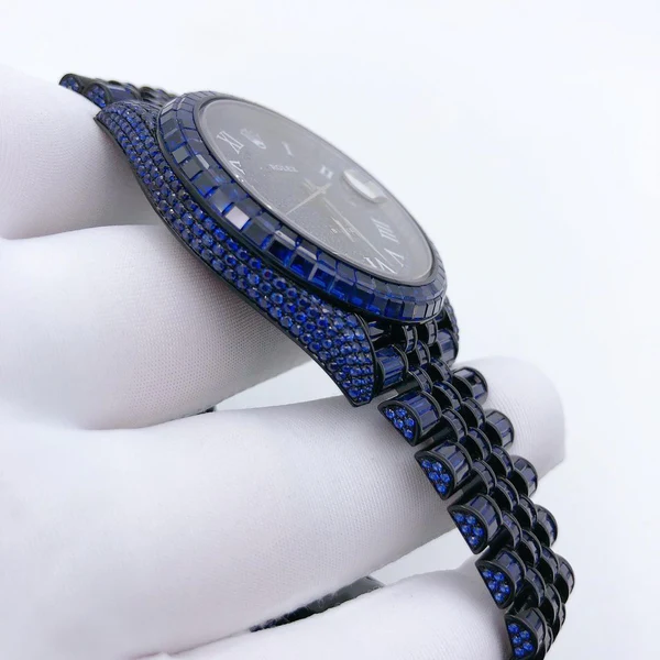 Rolex President Blue Baguette Diamond Men Automatic Watch, White Gold Plated Men Watch For Birthday Gift, Color Gemstone Watch For Men