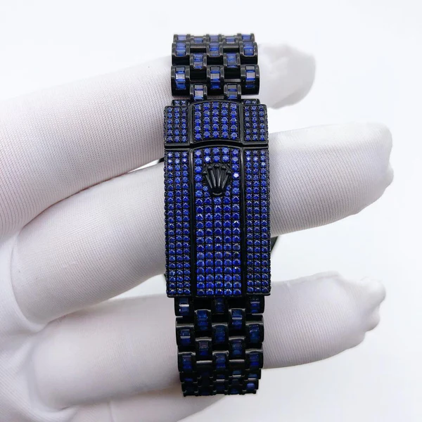 Rolex President Blue Baguette Diamond Men Automatic Watch, White Gold Plated Men Watch For Birthday Gift, Color Gemstone Watch For Men