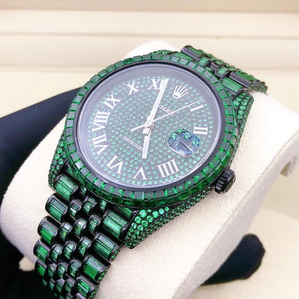 Rolex President Green Sapphire Baguette Diamond Men Automatic Watch, White Gold Plated Men Watch For Birthday Gift, Color Gemstone Watch For Men