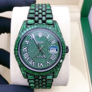Rolex President Green Sapphire Baguette Diamond Men Automatic Watch, White Gold Plated Men Watch For Birthday Gift, Color Gemstone Watch For Men