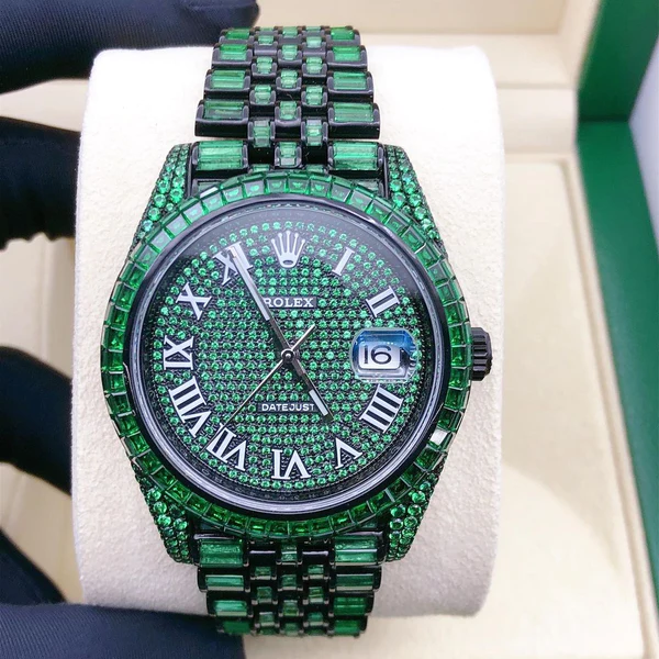 Rolex President Green Sapphire Baguette Diamond Men Automatic Watch, White Gold Plated Men Watch For Birthday Gift, Color Gemstone Watch For Men