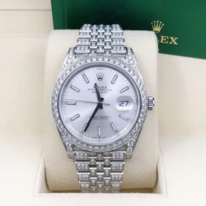 Rolex Datejust Jubilee Band VVS Diamond Iced Out Men Watch, 41mm Dial White Gold Plated Stainless Steel Men Watch For Gift, Fully Iced Out Birthday Gift Watch For Him