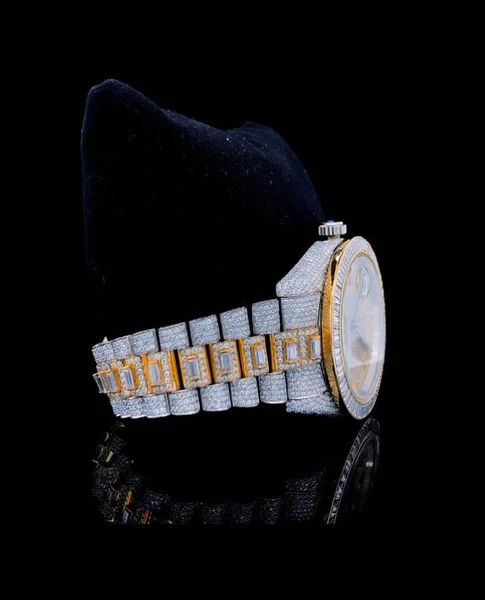 Rolex Daydate Full Iced Out VVS Diamond Watch, Baguette And Round VVS Diamond Wrist Watch For Men, White & Yellow Gold Plated Men Diamond Watch
