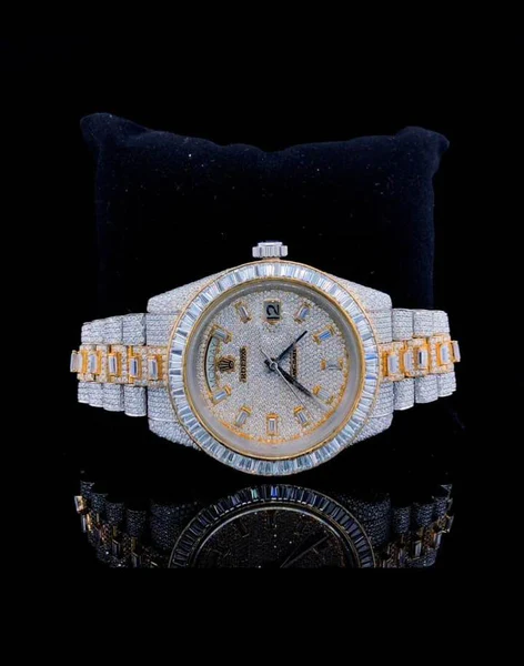 Rolex Daydate Full Iced Out VVS Diamond Watch, Baguette And Round VVS Diamond Wrist Watch For Men, White & Yellow Gold Plated Men Diamond Watch