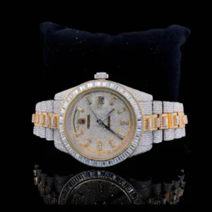Rolex Daydate Full Iced Out VVS Diamond Watch, Baguette And Round VVS Diamond Wrist Watch For Men, White & Yellow Gold Plated Men Diamond Watch
