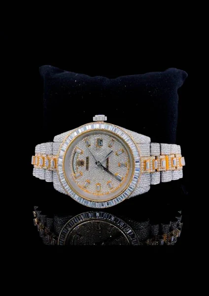 Rolex Daydate Full Iced Out VVS Diamond Watch, Baguette And Round VVS Diamond Wrist Watch For Men, White & Yellow Gold Plated Men Diamond Watch