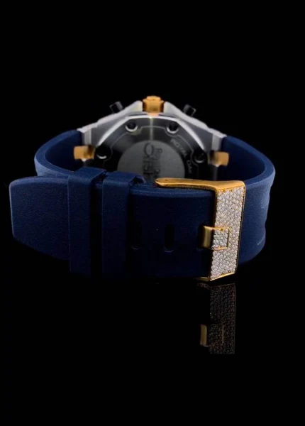 Audemars Piguet Full Iced Out Yellow & White Gold Plated VVS Diamond Men Watch, Silicon Blue Band All Chronograph Working 42mm Men Watch