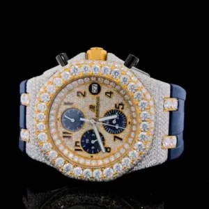 Audemars Piguet Full Iced Out Yellow & White Gold Plated VVS Diamond Men Watch, Silicon Blue Band All Chronograph Working 42mm Men Watch