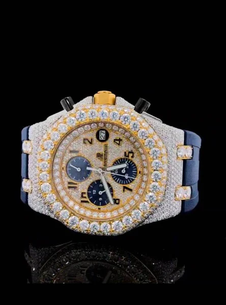 Audemars Piguet Full Iced Out Yellow & White Gold Plated VVS Diamond Men Watch, Silicon Blue Band All Chronograph Working 42mm Men Watch