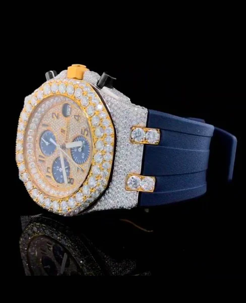 Audemars Piguet Full Iced Out Yellow & White Gold Plated VVS Diamond Men Watch, Silicon Blue Band All Chronograph Working 42mm Men Watch