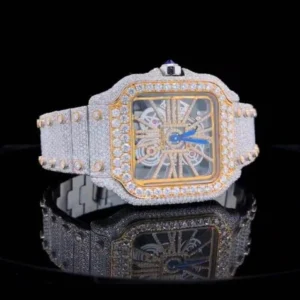 Cartier Santos Skeleton VVS Diamond Full Iced Out Men Watch, Stainless Steel White & Yellow Gold Plated Men Watch For Birthday Gift