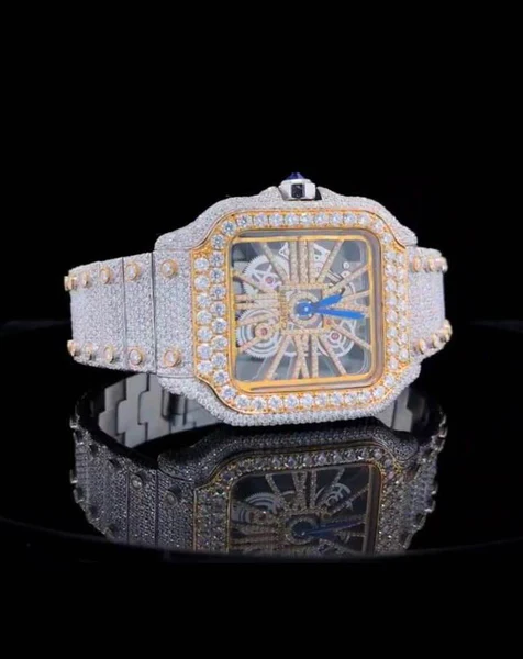 Cartier Santos Skeleton VVS Diamond Full Iced Out Men Watch, Stainless Steel White & Yellow Gold Plated Men Watch For Birthday Gift
