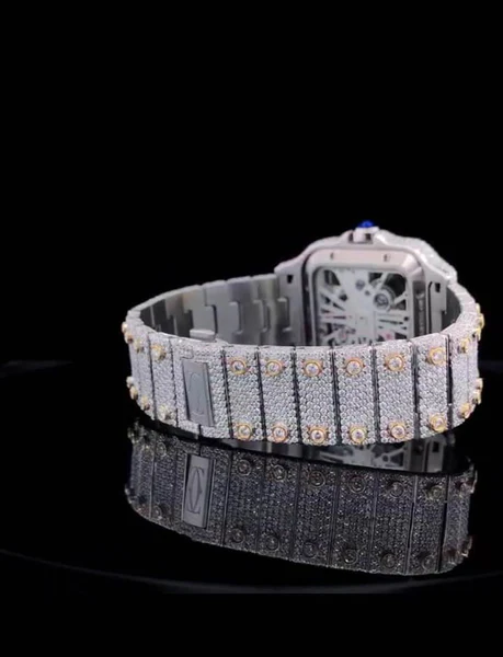 Cartier Santos Skeleton VVS Diamond Full Iced Out Men Watch, Stainless Steel White & Yellow Gold Plated Men Watch For Birthday Gift