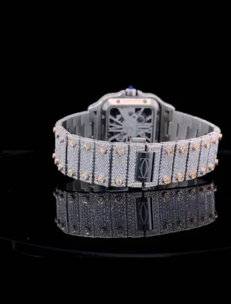 Cartier Santos Skeleton VVS Diamond Full Iced Out Men Watch, Stainless Steel White & Yellow Gold Plated Men Watch For Birthday Gift