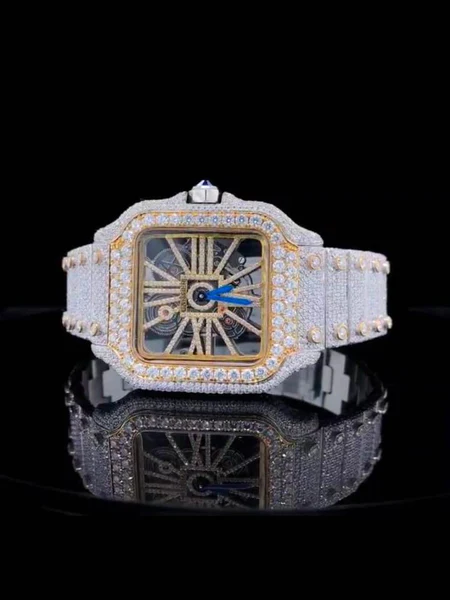 Cartier Santos Skeleton VVS Diamond Full Iced Out Men Watch, Stainless Steel White & Yellow Gold Plated Men Watch For Birthday Gift