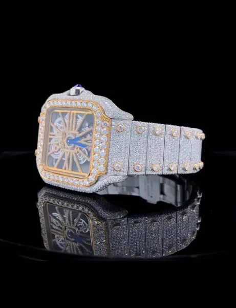 Cartier Santos Skeleton VVS Diamond Full Iced Out Men Watch, Stainless Steel White & Yellow Gold Plated Men Watch For Birthday Gift