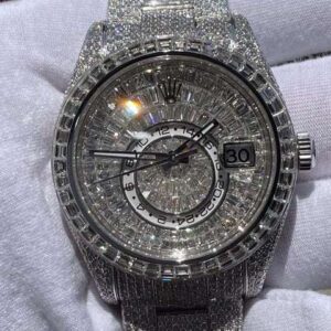 Rolex Sky Dweller Baguette & Round Iced Out VVS Diamond Men Watch, 42mm Dial White Gold Plated Stainless Steel Men Watch For Gift, Fully Iced Out Birthday Gift Watch For Him