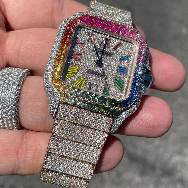 Cartier Santos VVS Diamond Iced Out Men Watch, Stainless Steel 2 Tone Gold Plated Men Watch For Birthday Gift