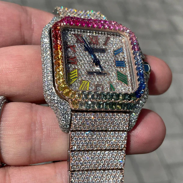 Cartier Santos VVS Diamond Iced Out Men Watch, Stainless Steel 2 Tone Gold Plated Men Watch For Birthday Gift