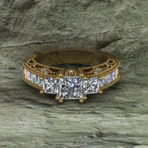 Princess Cut Moissanite Solitaire 3 Stone Diamond Vintage Engagement Ring, Moissanite Wedding Ring, Silver Moissanite Diamond Women Ring, Proposal Gold Ring For Her