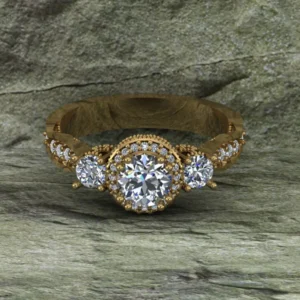 Round Cut Moissanite 3 Stone Hidden Halo Diamond Vintage Engagement Ring, Moissanite Wedding Ring, Silver Moissanite Diamond Women Ring, Proposal Gold Ring For Her