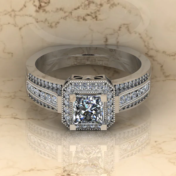 Princess Moissanite Halo Diamond Vintage Engagement Ring, Moissanite Wedding Ring, Silver Moissanite Diamond Women Ring, Proposal Gold Ring For Her