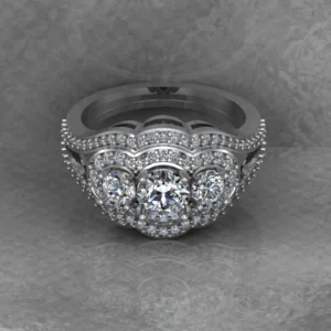 Round Moissanite 3 Stone Halo Diamond Vintage Engagement Ring, Moissanite Wedding Ring, Silver Moissanite Diamond Women Ring, Proposal Gold Ring For Her