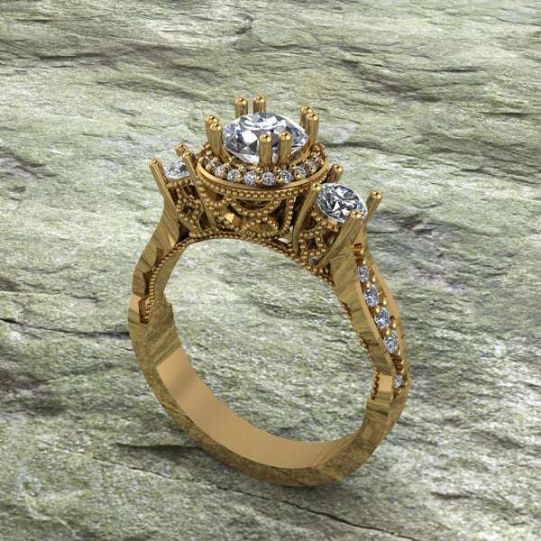 Round Cut Moissanite 3 Stone Hidden Halo Diamond Vintage Engagement Ring, Moissanite Wedding Ring, Silver Moissanite Diamond Women Ring, Proposal Gold Ring For Her