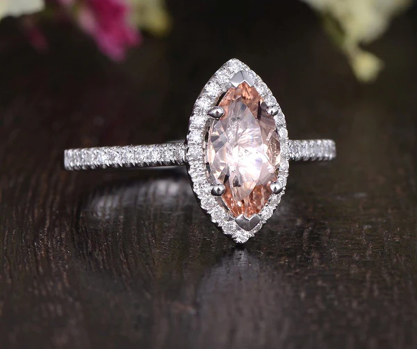 Marquise Morganite Engagement Ring Rose Gold Unique Wedding Ring Antique Natural Diamond Halo Women Anniversary Promise Gift for her Bridal
