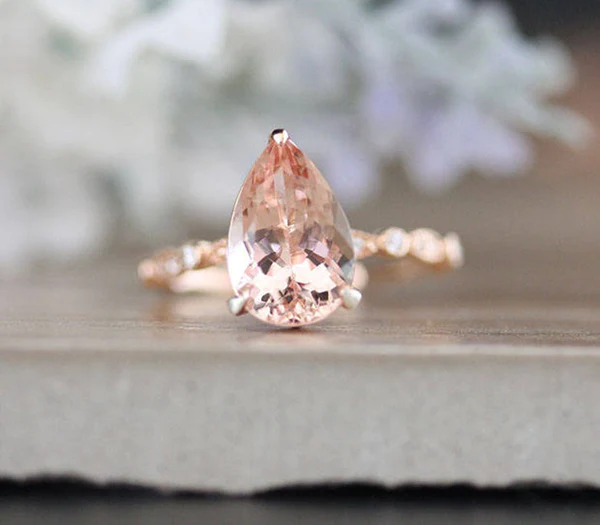 Engagement Ring, Morganite Pear Diamond Ring, Diamond Milgrain Band, Wedding Ring, 14k Rose Gold Morganite Ring, Handmade Ring