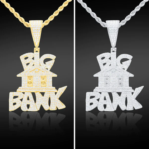 Round VVS Diamond Customized Letter BIG BANK Pendant, Customized Letter Silver Diamond Pendant, Full Iced Out Diamond Hip Hop Charm Pendant