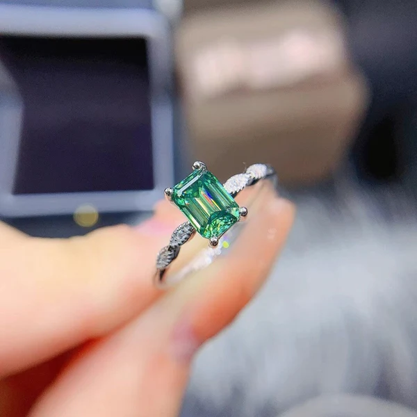 Dainty & Gorgeous Rectangle Emerald Cut Green Moissanite Ring 2ct D Color VVS , Sterling Silver Ring, Women's Ring Promise ring