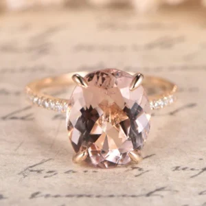 Pink Morganite Engagement Ring Rose Gold 14K Rose Gold Diamond Band Oval Natural Morganite Ring Promise Ring Wedding Ring