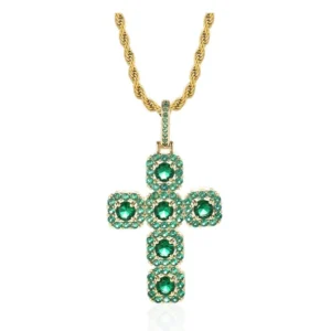Round Green VVS Diamond CROSS Hip Hop Pendant, Sterling Silver Iced Out Birthday Gift Pendant, Charm Diamond Hip Hop Pendant
